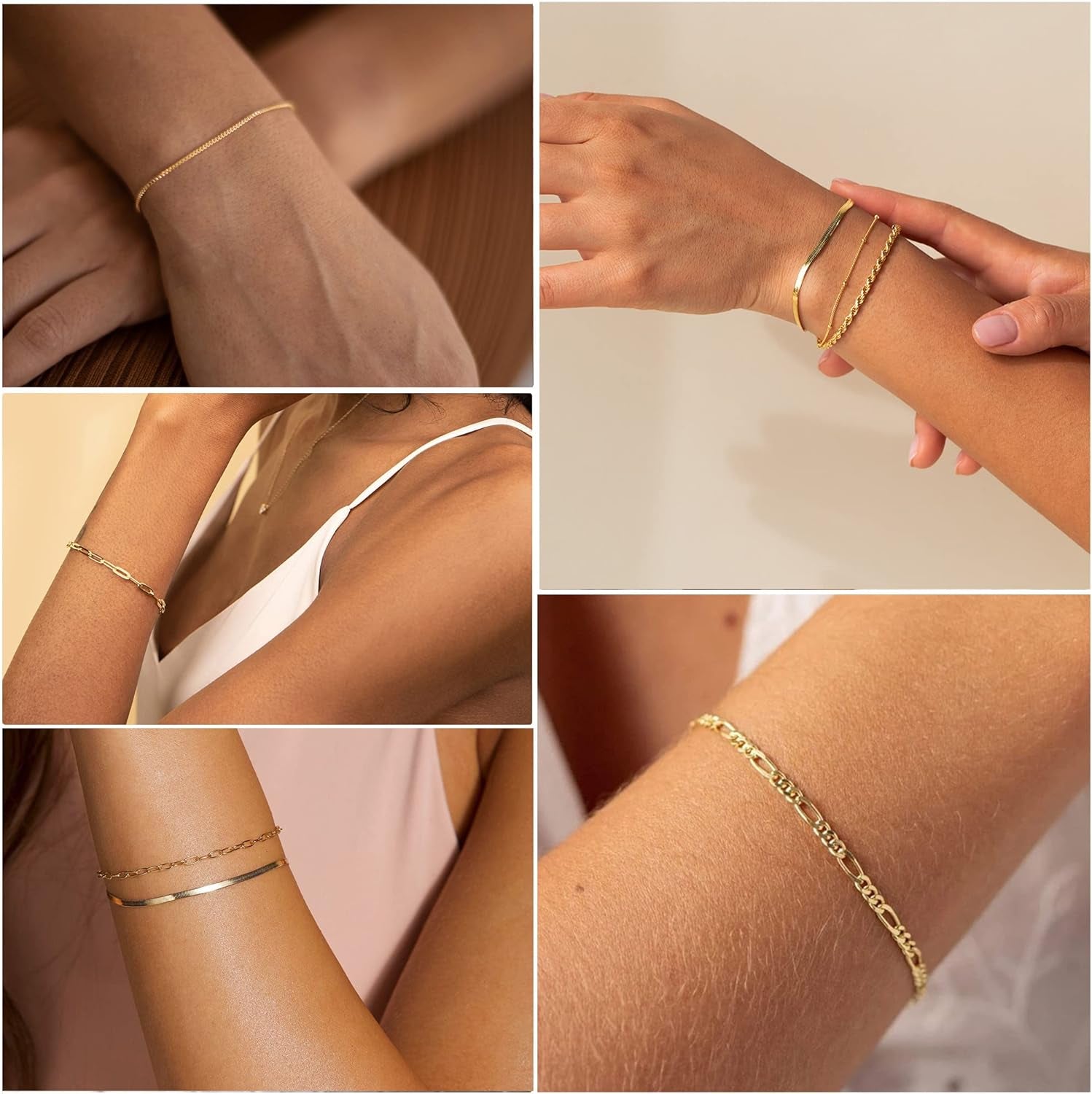 14K Gold Waterproof Bracelets for Women - Trendy Thin Dainty Stackable Cuban Link and Paperclip Chain Jewelry Set - Fashion Accessories Gift Pack