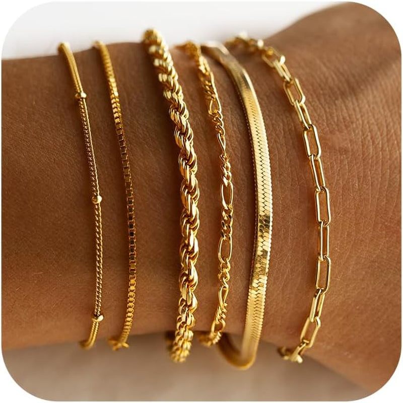 14K Gold Waterproof Bracelets for Women - Trendy Thin Dainty Stackable Cuban Link and Paperclip Chain Jewelry Set - Fashion Accessories Gift Pack