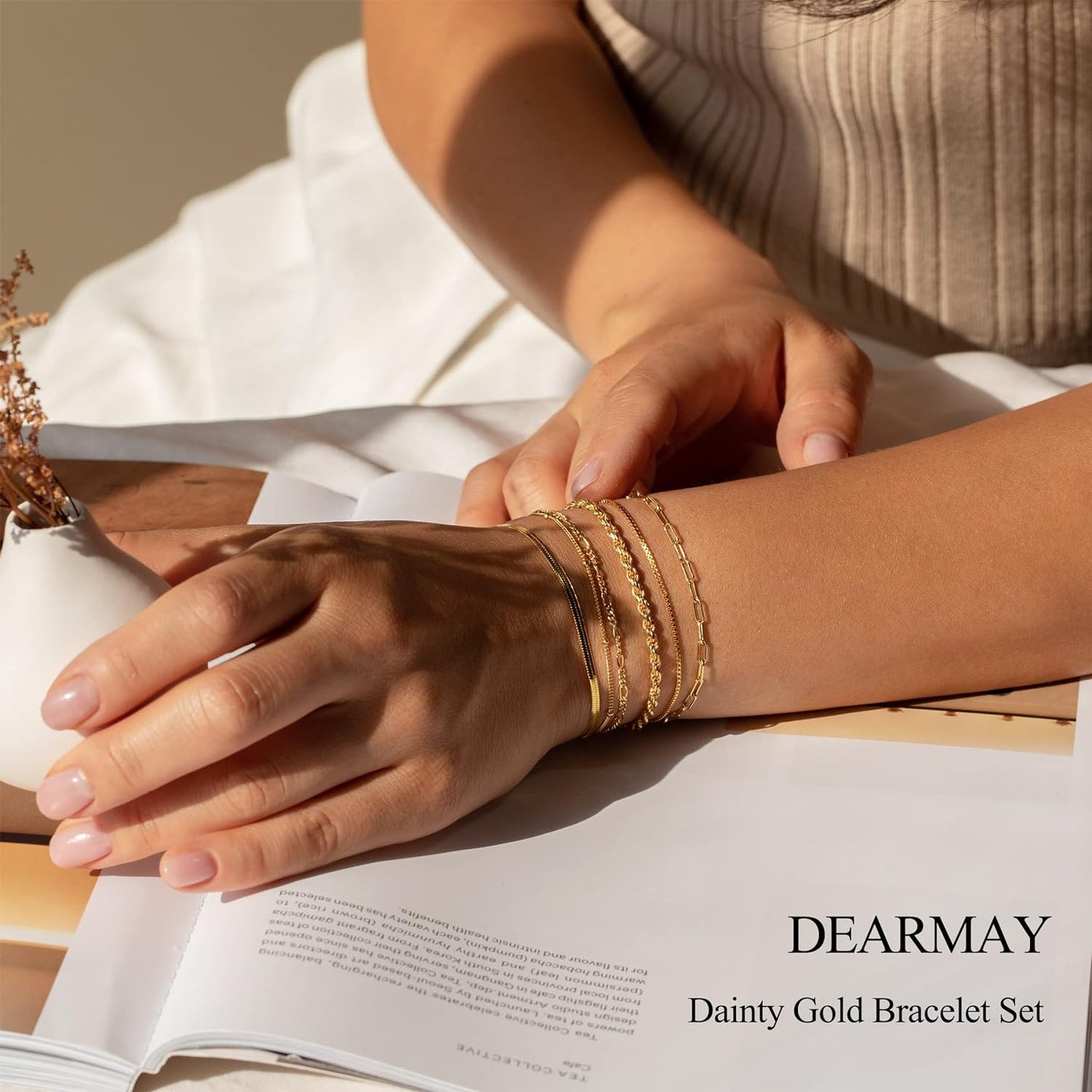 14K Gold Waterproof Bracelets for Women - Trendy Thin Dainty Stackable Cuban Link and Paperclip Chain Jewelry Set - Fashion Accessories Gift Pack