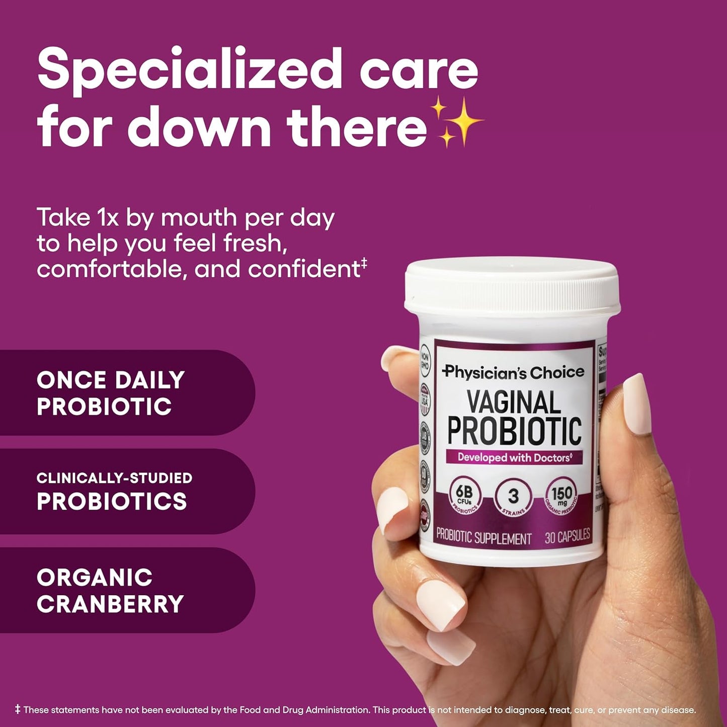 Vaginal Probiotics for Women - Ph Balance, Odor Control, Yeast Balance, Vaginal Flora & Feminine Health - 6B CFU with Organic Prebiotics and Cranberry Extract - 30 CT