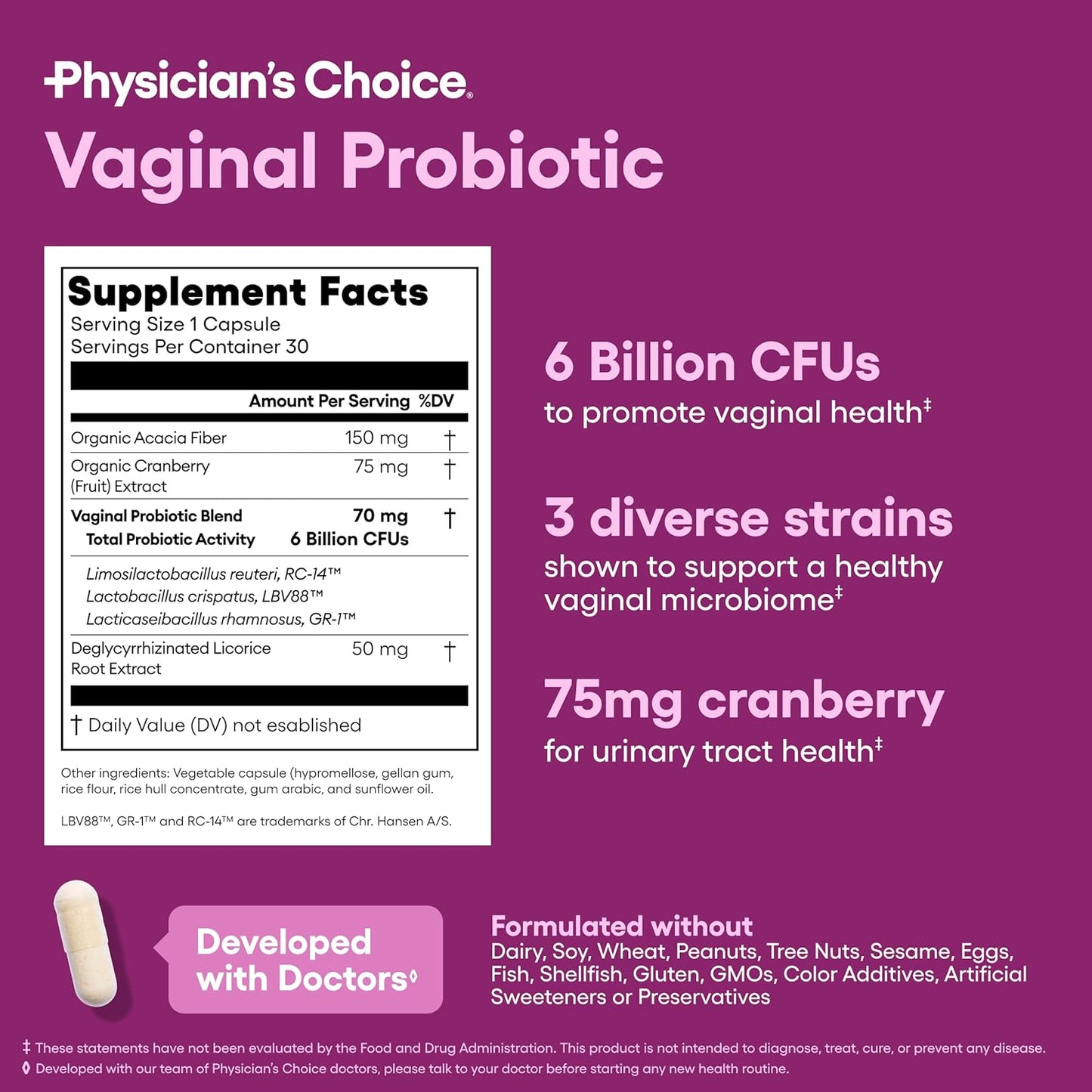 Vaginal Probiotics for Women - Ph Balance, Odor Control, Yeast Balance, Vaginal Flora & Feminine Health - 6B CFU with Organic Prebiotics and Cranberry Extract - 30 CT