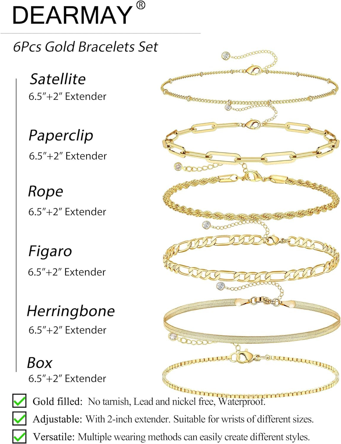 14K Gold Waterproof Bracelets for Women - Trendy Thin Dainty Stackable Cuban Link and Paperclip Chain Jewelry Set - Fashion Accessories Gift Pack