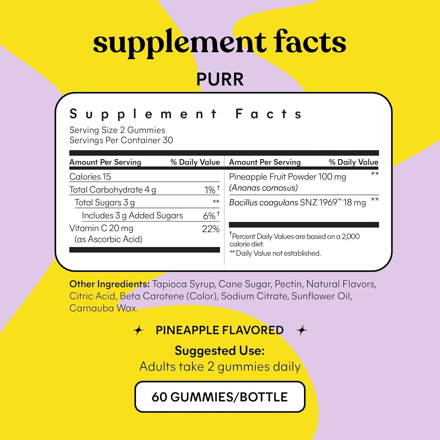 Purr Women's Vaginal Probiotic Gummies - pH Balance, Odor Control, Yeast Support & Flora Maintenance with Vitamin C for Immune Health - Pineapple Flavor (60 Count)