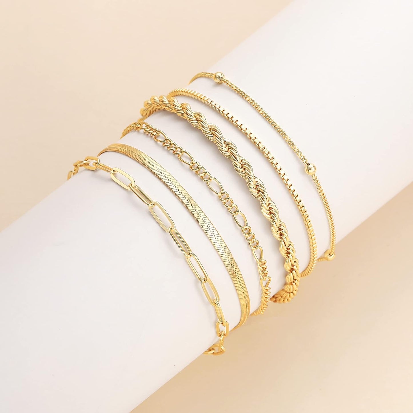 14K Gold Waterproof Bracelets for Women - Trendy Thin Dainty Stackable Cuban Link and Paperclip Chain Jewelry Set - Fashion Accessories Gift Pack