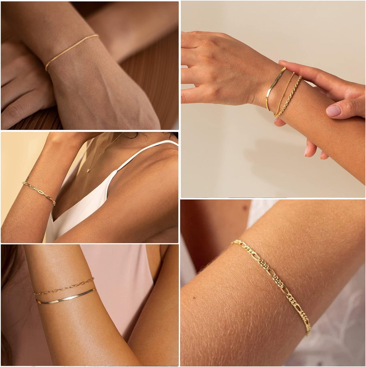14K Gold Waterproof Bracelets for Women - Trendy Thin Dainty Stackable Cuban Link and Paperclip Chain Jewelry Set - Fashion Accessories Gift Pack