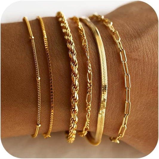 14K Gold Waterproof Bracelets for Women - Trendy Thin Dainty Stackable Cuban Link and Paperclip Chain Jewelry Set - Fashion Accessories Gift Pack