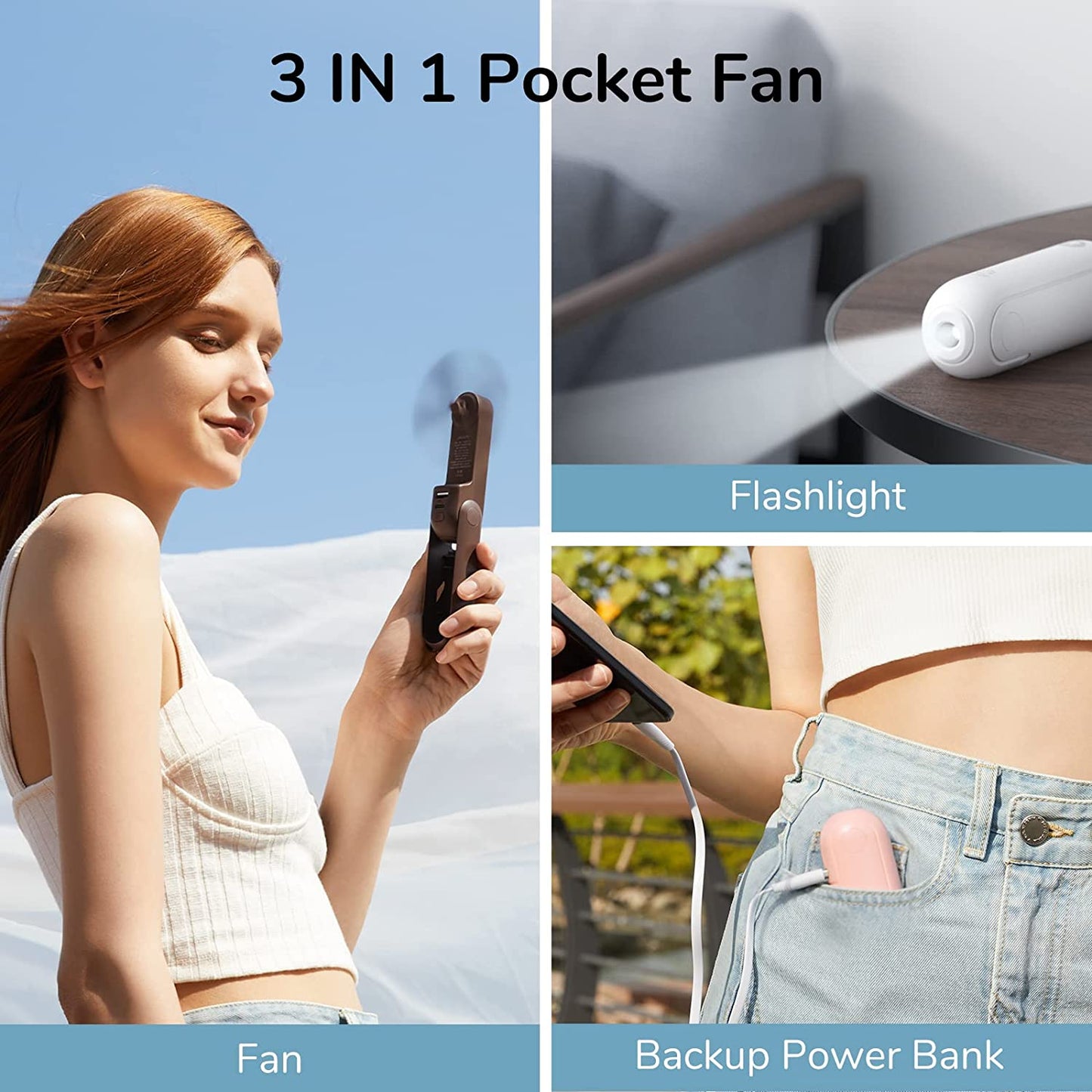 Handheld Mini Fan, 3 in 1 USB Rechargeable Portable Fan [12-19 Working Hours] with Power Bank, Flashlight, Pocket Design for Travel/Summer/Concerts/Lash, Gifts for Women (Pink)