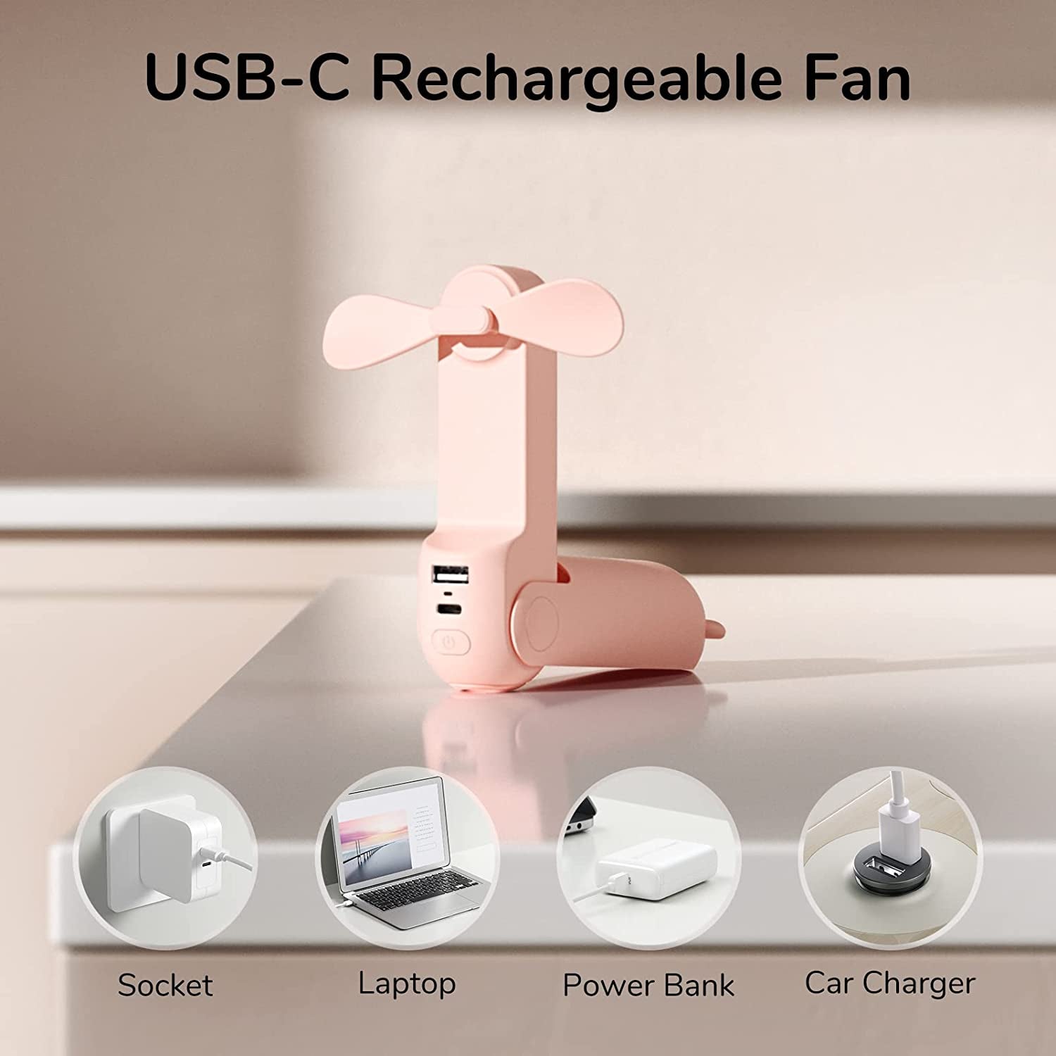 Handheld Mini Fan, 3 in 1 USB Rechargeable Portable Fan [12-19 Working Hours] with Power Bank, Flashlight, Pocket Design for Travel/Summer/Concerts/Lash, Gifts for Women (Pink)