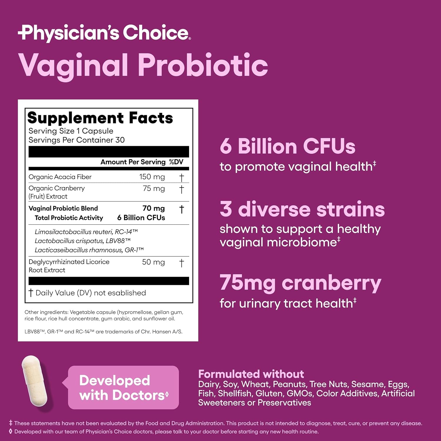 Vaginal Probiotics for Women - Ph Balance, Odor Control, Yeast Balance, Vaginal Flora & Feminine Health - 6B CFU with Organic Prebiotics and Cranberry Extract - 30 CT