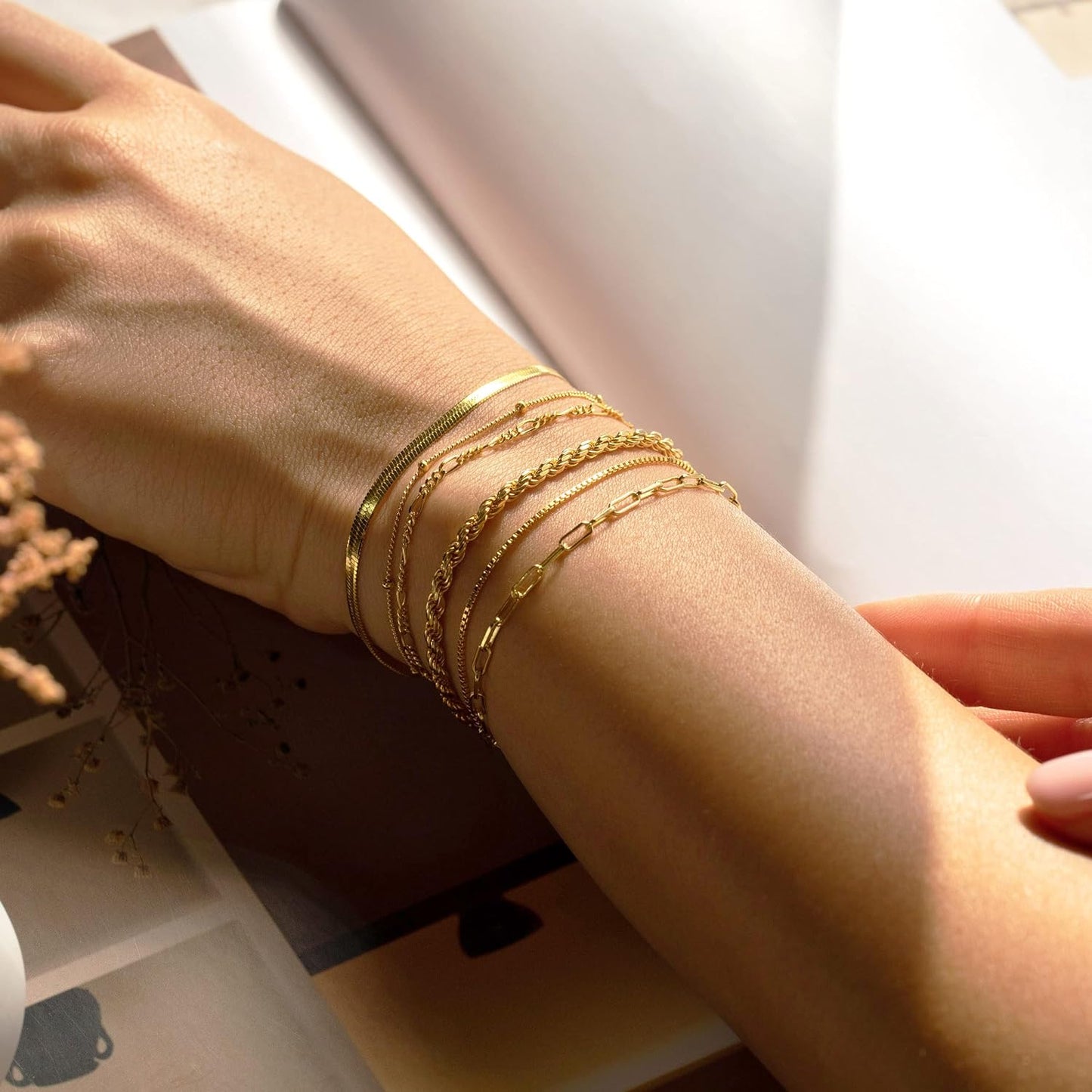 14K Gold Waterproof Bracelets for Women - Trendy Thin Dainty Stackable Cuban Link and Paperclip Chain Jewelry Set - Fashion Accessories Gift Pack