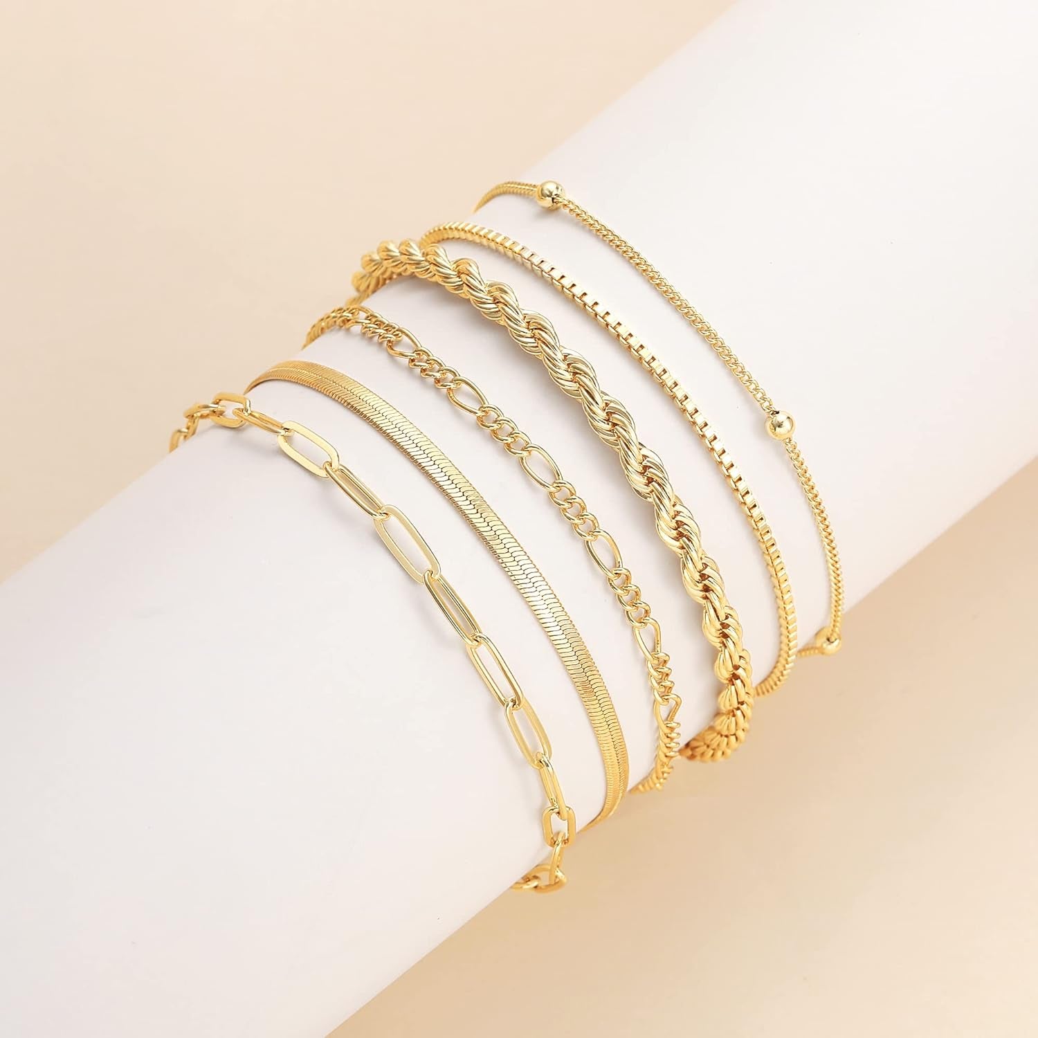 14K Gold Waterproof Bracelets for Women - Trendy Thin Dainty Stackable Cuban Link and Paperclip Chain Jewelry Set - Fashion Accessories Gift Pack